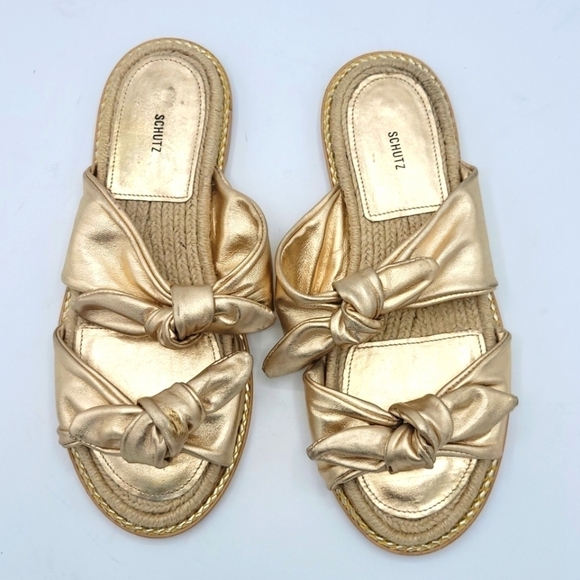 SCHUTZ Metallic Espadrille Slide Sandals Soft Gold Size 37. - Picture 4 of 16